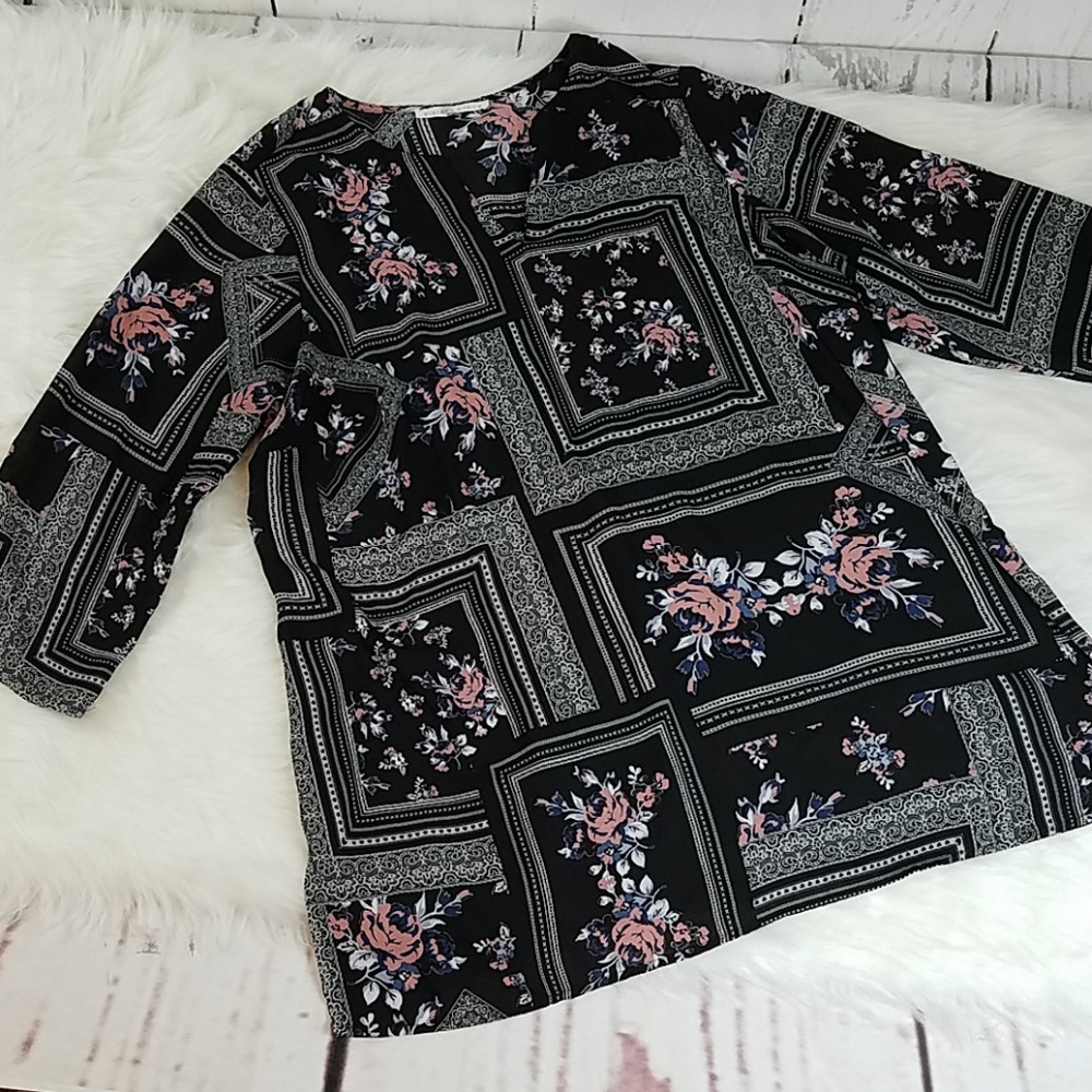 Violet & Claire Black Floral Patchwork Tunic - Pink & White Accents